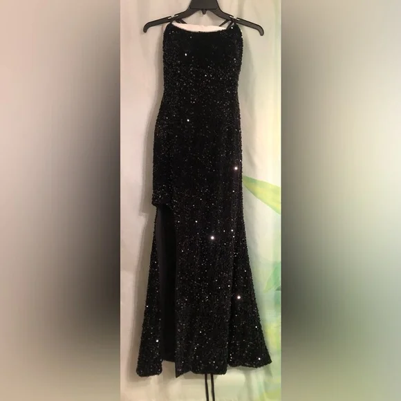 strapless open back dress Strapless Long Glitter A-Line Prom Dress with Gloves Black / 8 main image 1